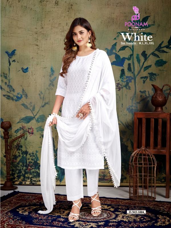 Poonam White rayon Fancy Kurti Pant With Dupatta Collection